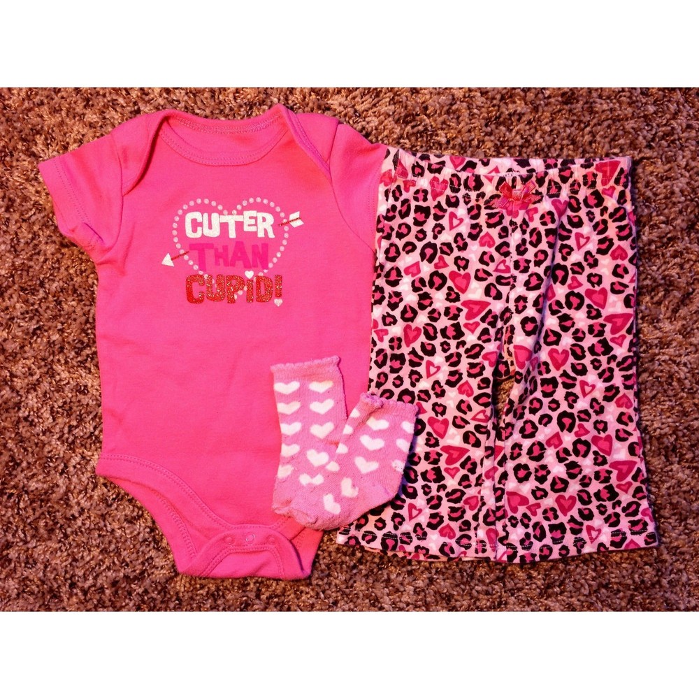 Girl's Size 3 M 0-3 Months 3 Piece Pink Cuter Than Cupid Top, Heart Pants +
